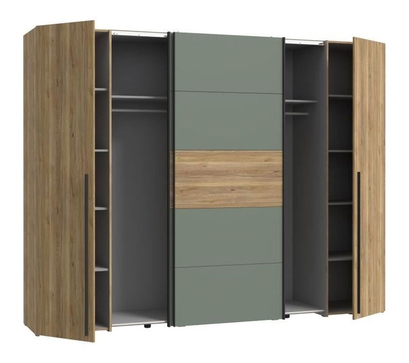 Armoire - Décor Chene Et Vert Sauge - 2 Portes Battantes + 2 Portes Coulissantes - L270 X P61 X H21