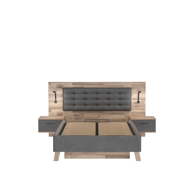Lit coffre 140x190cm chevets RICCIANO intégrés imitation chêne beton