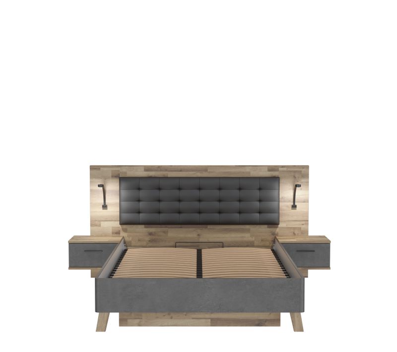 Lit coffre 160x200cm chevets RICCIANO intégrés imitation chêne beton