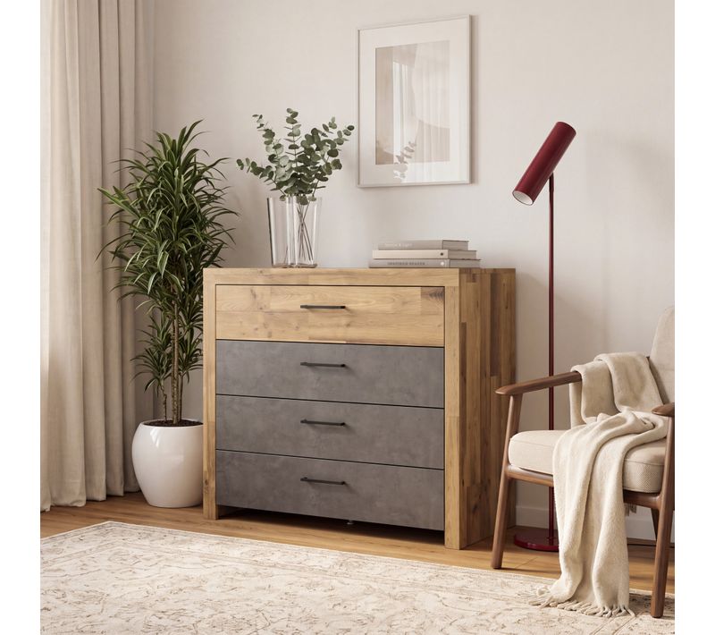 Commode 4 double tiroirs RICCIANO imitation chêne béton gris