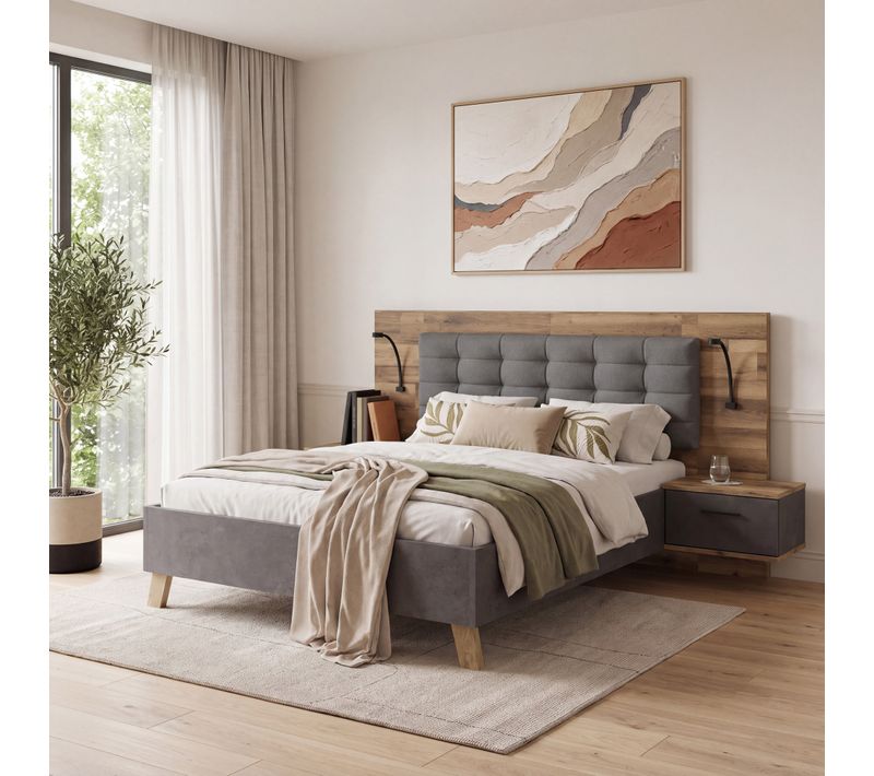 Lit 140x190cm chevets intégrés RICCIANO imitation chêne béton gris