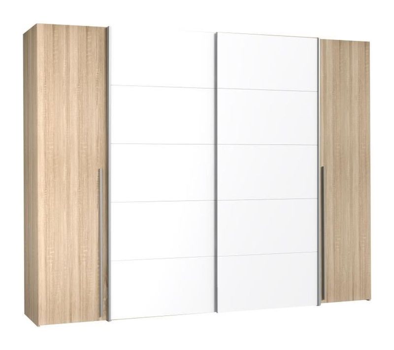 Armoire Narago - Décor Chene Sonoma Et Blanc Mat - 2 Portes Coulissantes + 2 Portes Battantes - L27