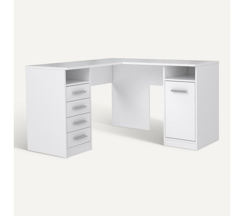 Tolede Bureau D'angle 1 Porte 4 Tiroirs - Décor Papier Blanc - L 125 X P 125 X H 75 Cm