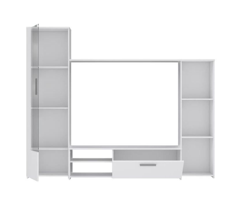 Meuble TV Paroi Pilvi - Particules Mélaminé -décor Blanc Mat - Porte Vitrée + 1 Abattant + 5 Niches