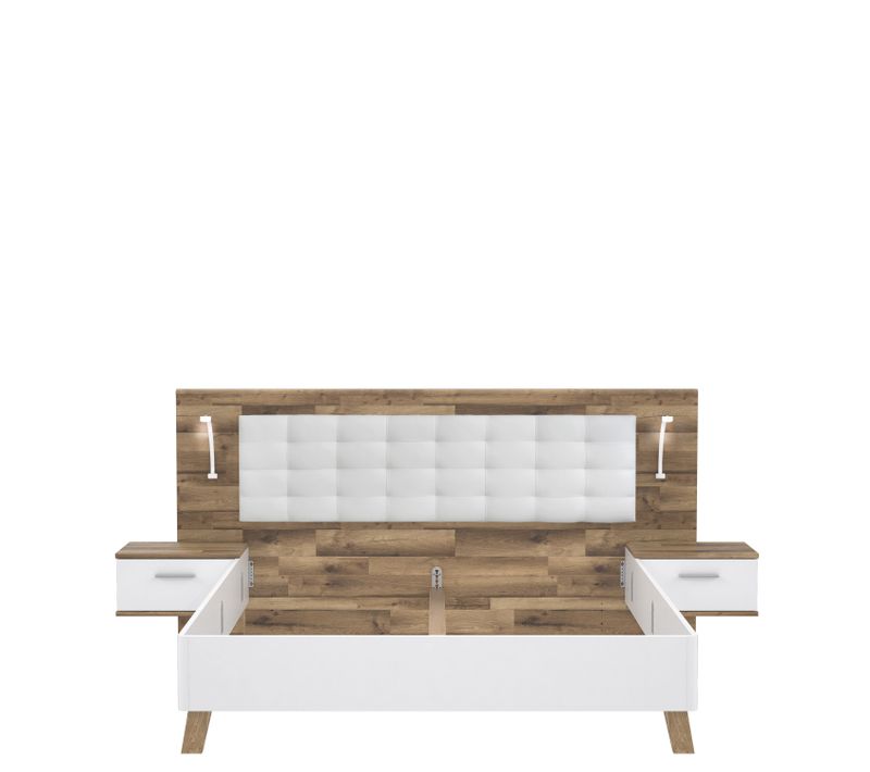 Lit 180x200cm chevets intégrés RICCIANO imitation chêne et blanc
