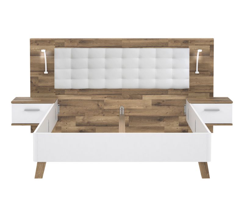 Lit 160x200cm chevets intégrés RICCIANO imitation chêne et blanc