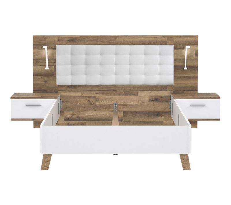 Lit 140x190cm chevets intégrés RICCIANO imitation chêne et blanc