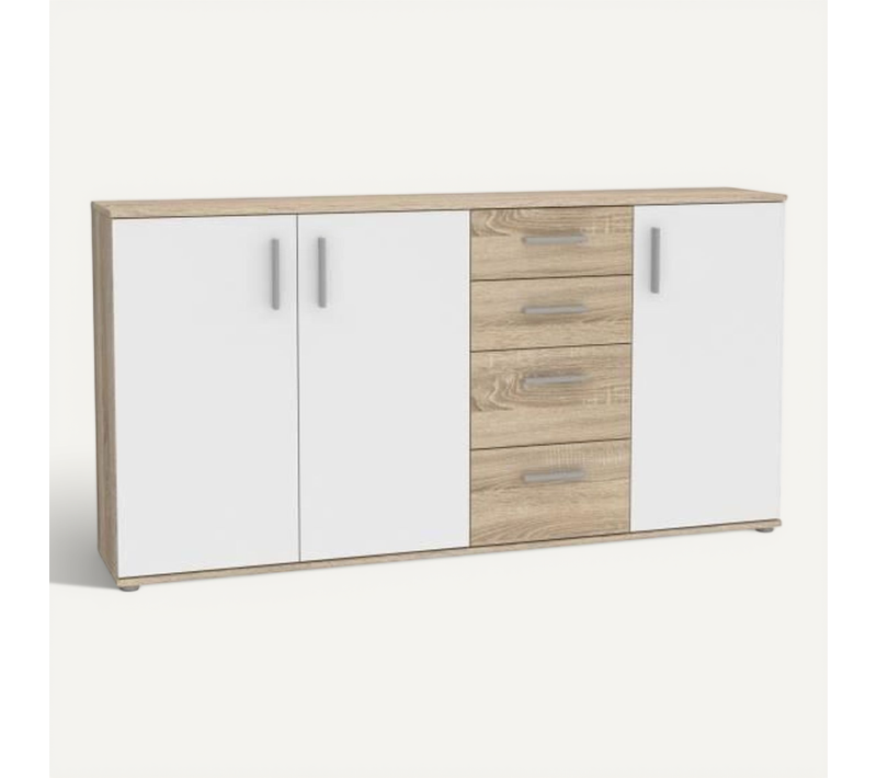 Buffet Ikoli - 3 Portes, 4 Tiroirs - Décor Chene Sonoma Et Blanc - L159,3 X P31,4 X H81,7 Cm - Poig