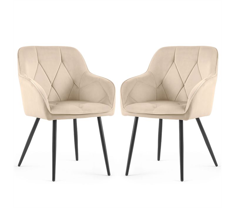 Lot De 2 Chaises En Velours Matelassées Diamante Beige Pieds Noirs