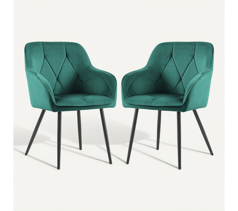 Lot De 2 Chaises En Velours Matelassées Diamante Vert Bouteille Pieds Noirs