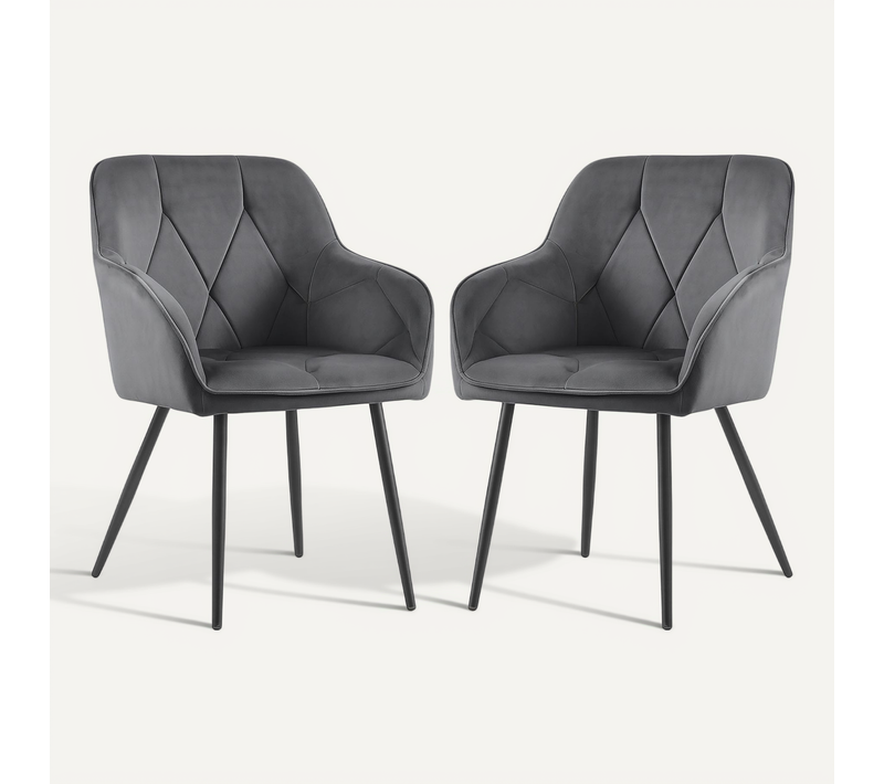 Lot De 2 Chaises En Velours Matelassées Diamante Anthracite Pieds Noirs