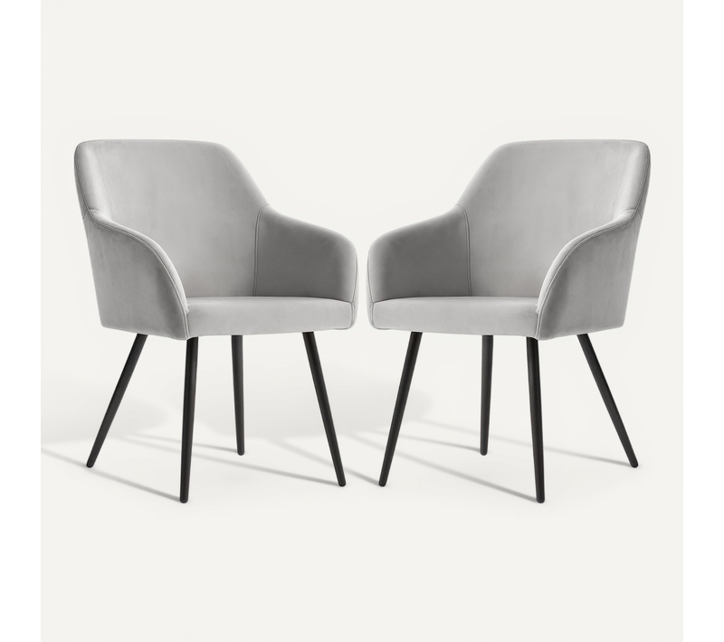 Lot De 2 Chaises En Velours Lisses Estelle Gris Pieds Noirs