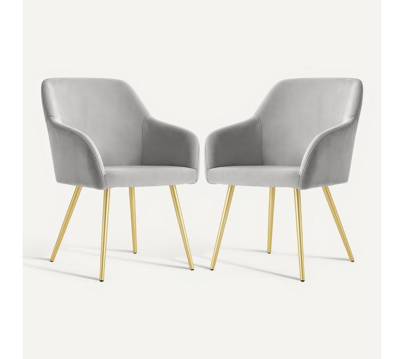 Lot De 2 Chaises En Velours Lisses Estelle Gris Pieds Dorés
