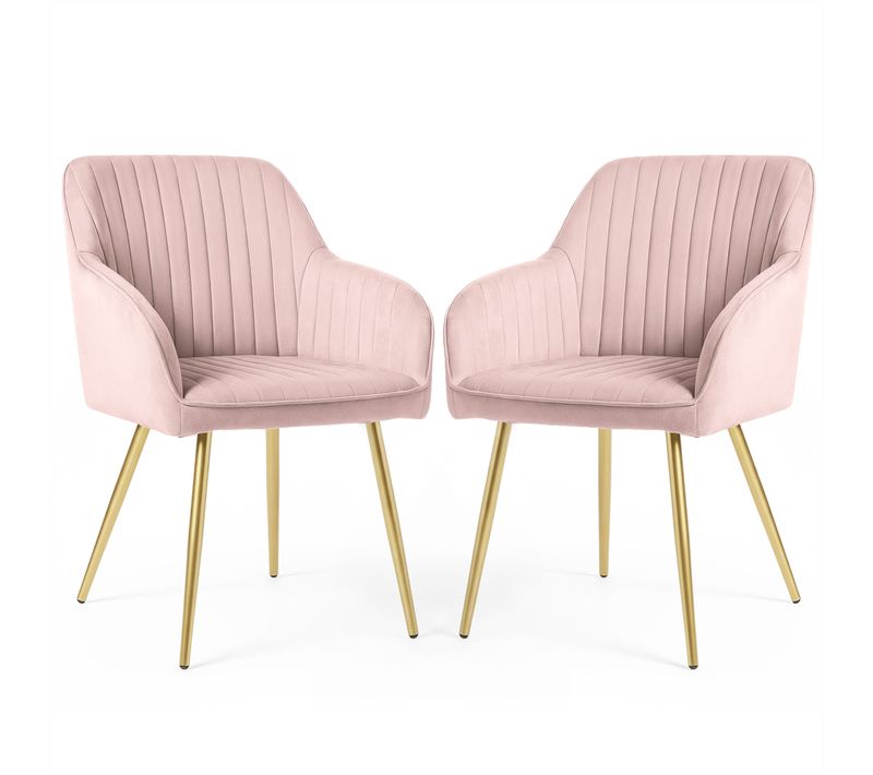 Lot De 2 Chaises En Velours À Surpiqûres Florence Rose Poudré Pieds Dorés