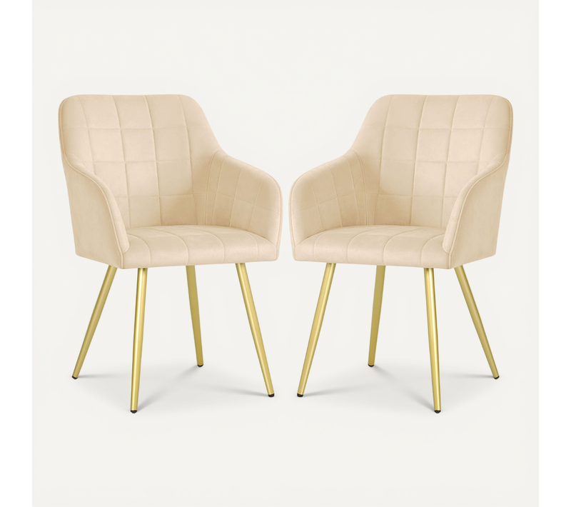 Lot De 2 Chaises Rembourrées À Surpiqûres Carrées Luxano Beige Pieds Dorés