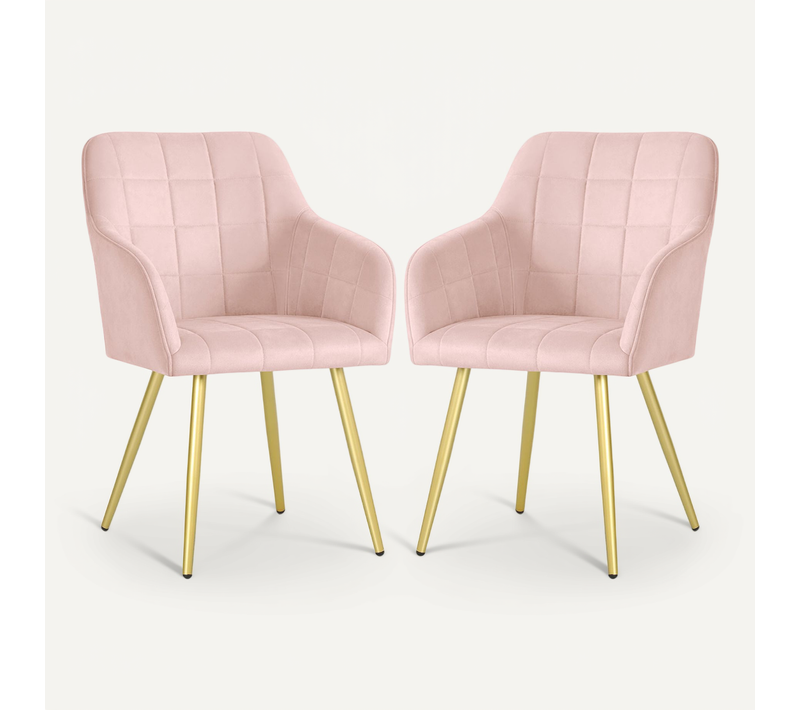 Lot De 2 Chaises Rembourrées À Surpiqûres Carrées Luxano Rose Poudré Pieds Dorés