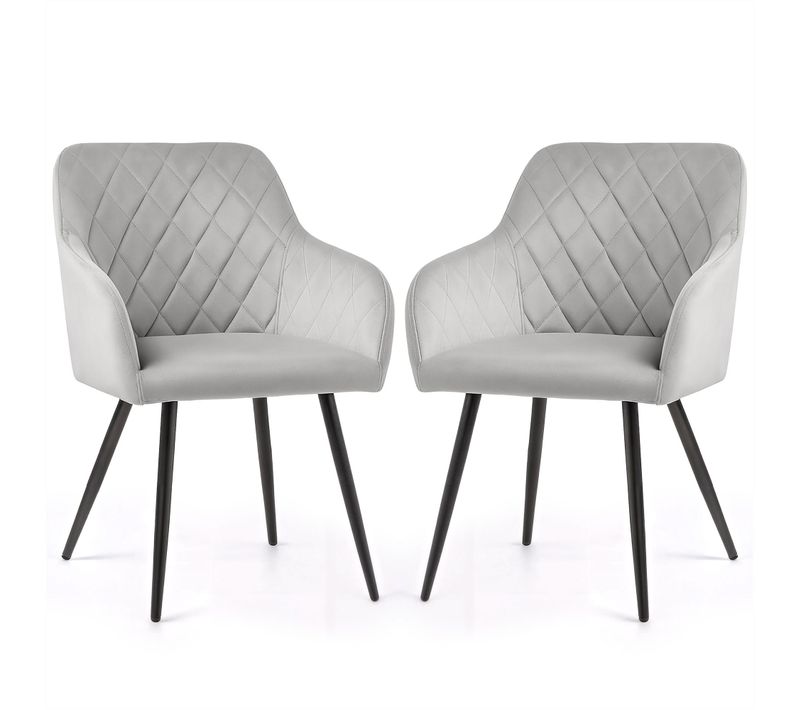 Lot De 2 Chaises En Velours Matelassées En Losanges Velto Gris Pieds Noirs