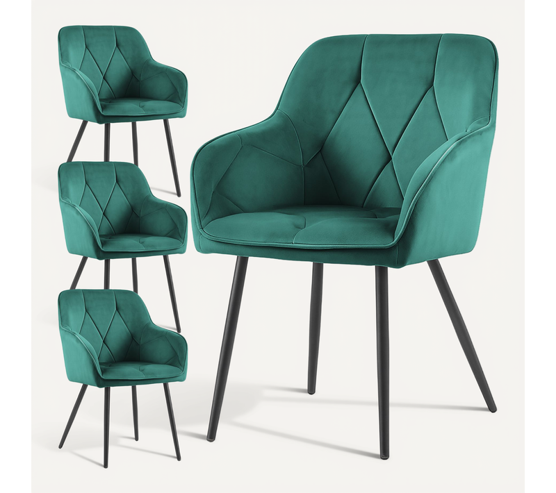 Lot De 4 Chaises En Velours Matelassées Diamante Vert Bouteille Pieds Noirs