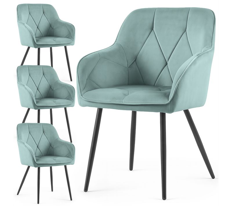 Lot De 4 Chaises En Velours Matelassées Diamante Turquoise Pieds Noirs