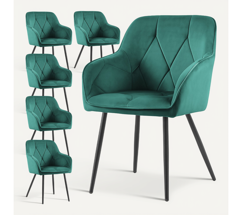 Lot De 6 Chaises En Velours Matelassées Diamante Vert Bouteille Pieds Noirs