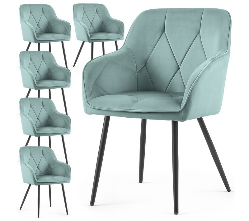 Lot De 6 Chaises En Velours Matelassées Diamante Turquoise Pieds Noirs