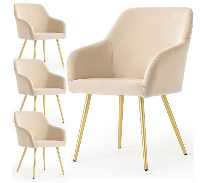 Lot De 4 Chaises En Velours Lisses Estelle Beige Pieds Dorés
