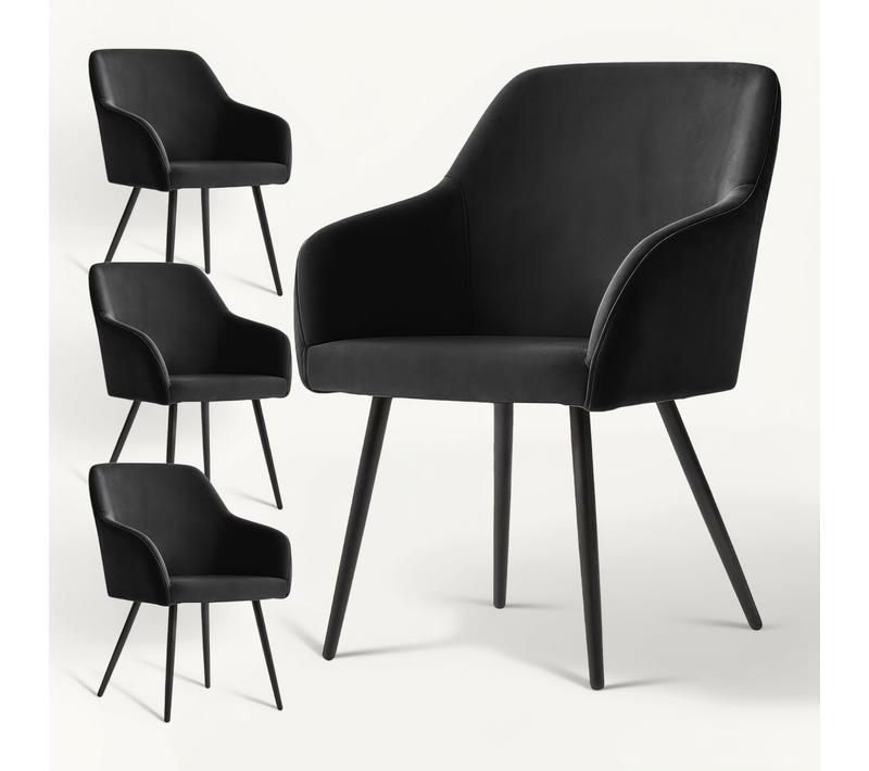 Lot De 4 Chaises En Velours Lisses Estelle Noir Pieds Noirs