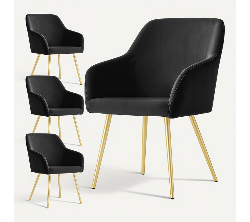 Lot De 4 Chaises En Velours Lisses Estelle Noir Pieds Dorés