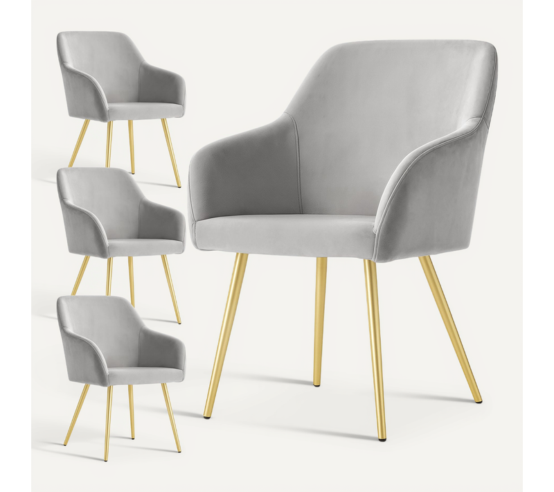 Lot De 4 Chaises En Velours Lisses Estelle Gris Pieds Dorés