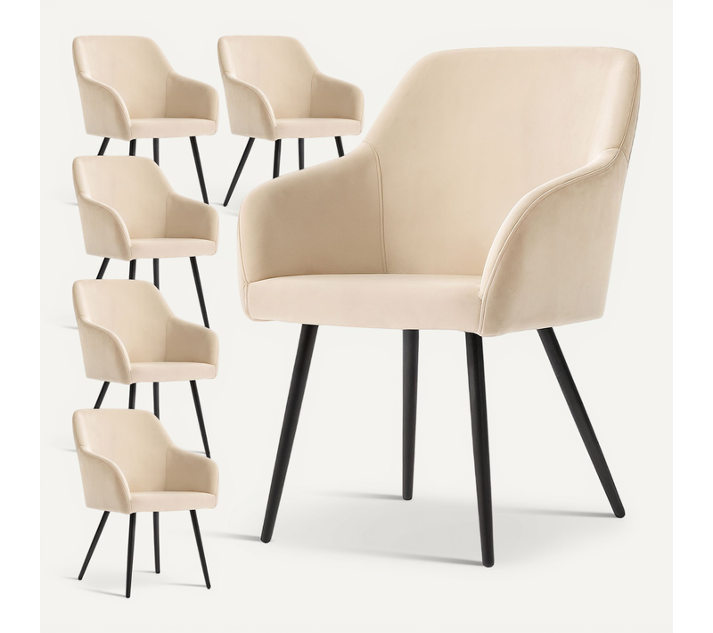 Lot De 6 Chaises En Velours Lisses Estelle Beige Pieds Noirs
