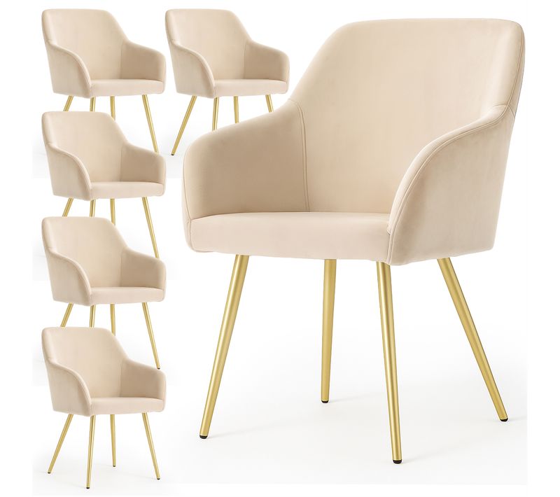 Lot De 6 Chaises En Velours Lisses Estelle Beige Pieds Dorés