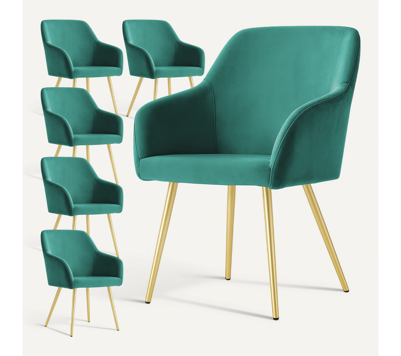 Lot De 6 Chaises En Velours Lisses Estelle Vert Bouteille Pieds Dorés