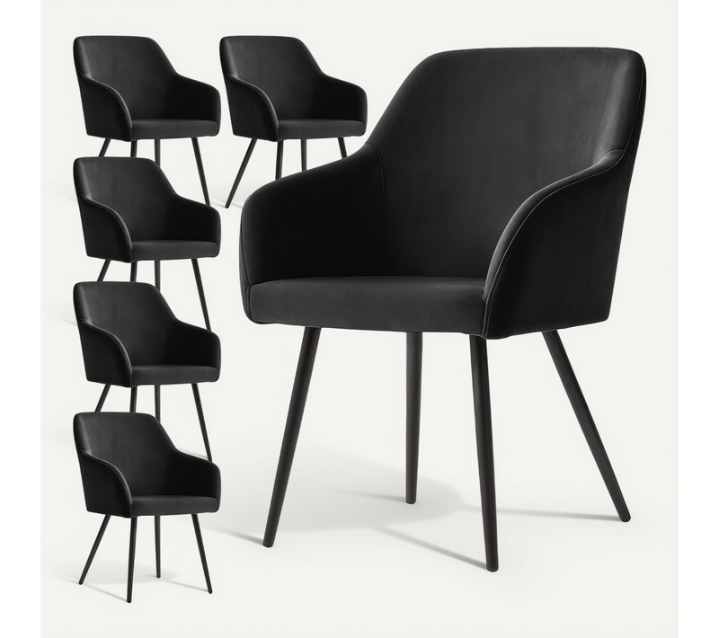 Lot De 6 Chaises En Velours Lisses Estelle Noir Pieds Noirs