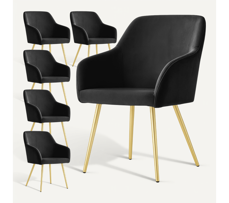 Lot De 6 Chaises En Velours Lisses Estelle Noir Pieds Dorés