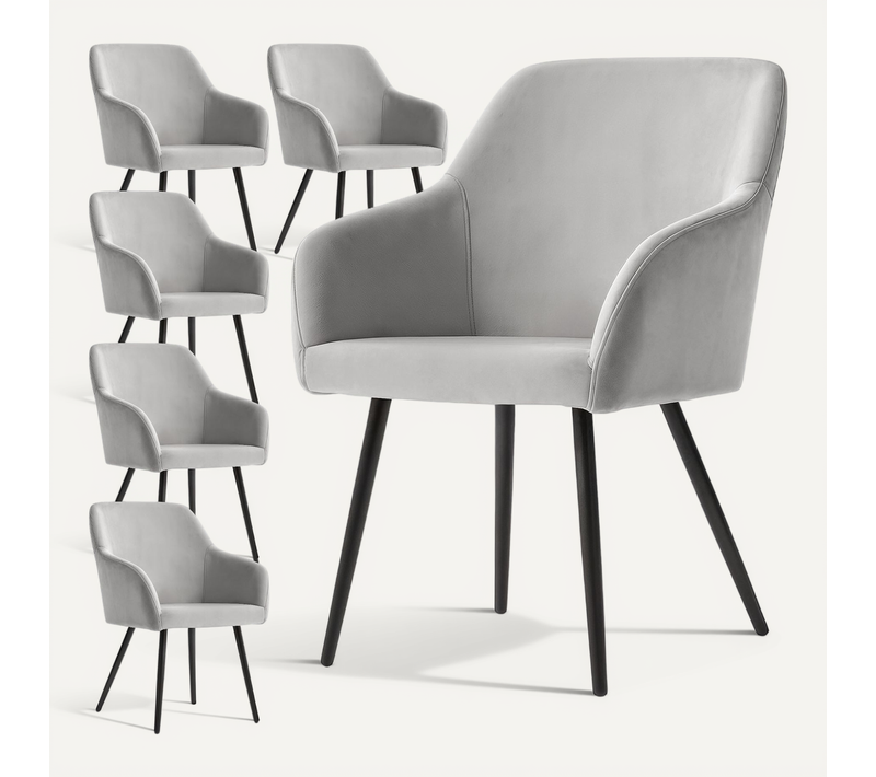 Lot De 6 Chaises En Velours Lisses Estelle Gris Pieds Noirs