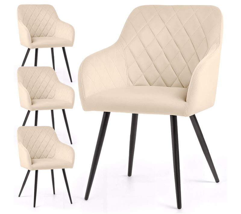 Lot De 4 Chaises En Velours Matelassées En Losanges Velto Beige Pieds Noirs
