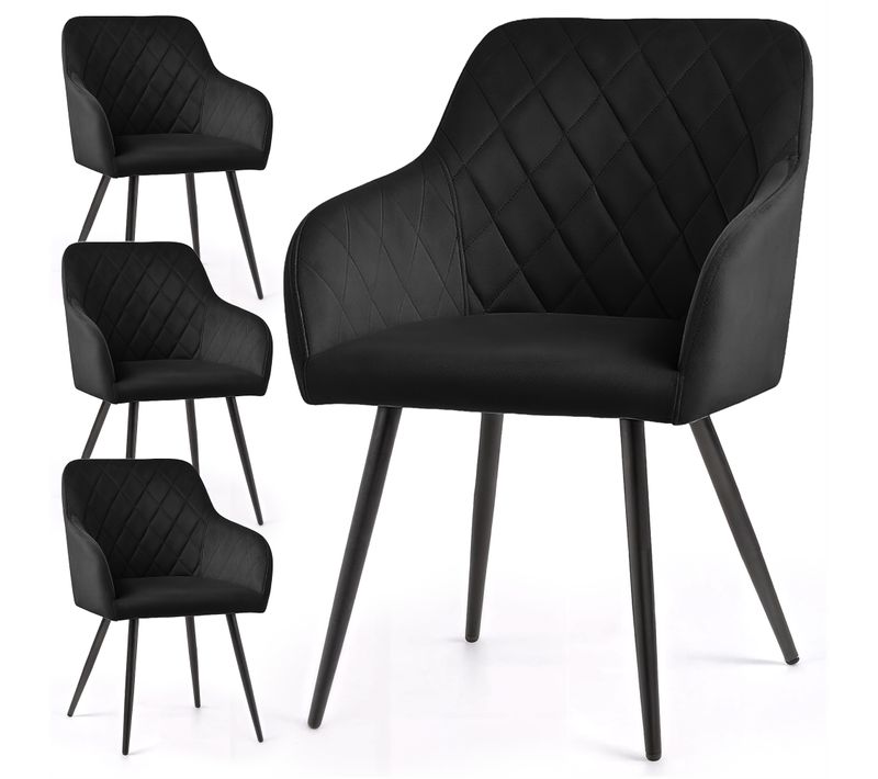 Lot De 4 Chaises En Velours Matelassées En Losanges Velto Noir Pieds Noirs