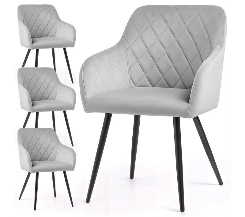 Lot De 4 Chaises En Velours Matelassées En Losanges Velto Gris Pieds Noirs