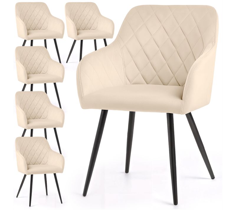 Lot De 6 Chaises En Velours Matelassées En Losanges Velto Beige Pieds Noirs
