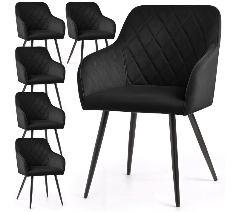 Lot De 6 Chaises En Velours Matelassées En Losanges Velto Noir Pieds Noirs