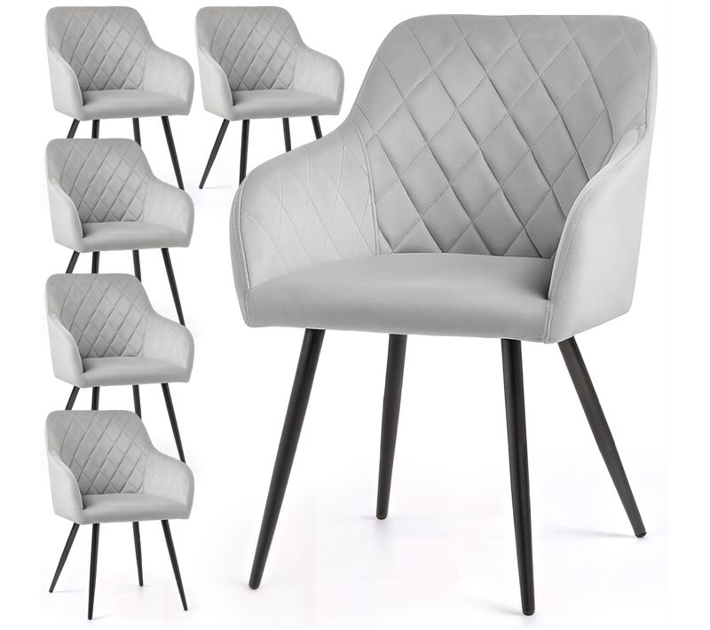 Lot De 6 Chaises En Velours Matelassées En Losanges Velto Gris Pieds Noirs
