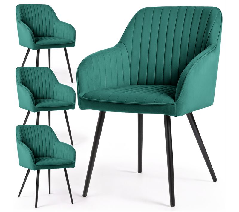 Lot De 4 Chaises En Velours À Surpiqûres Florence Vert Bouteille Pieds Noirs