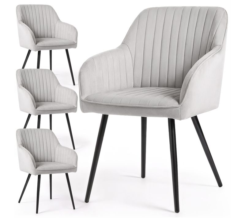 Lot De 4 Chaises En Velours À Surpiqûres Florence Gris Pieds Noirs