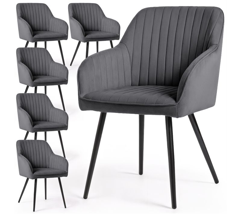 Lot De 6 Chaises En Velours À Surpiqûres Florence Anthracite Pieds Noirs