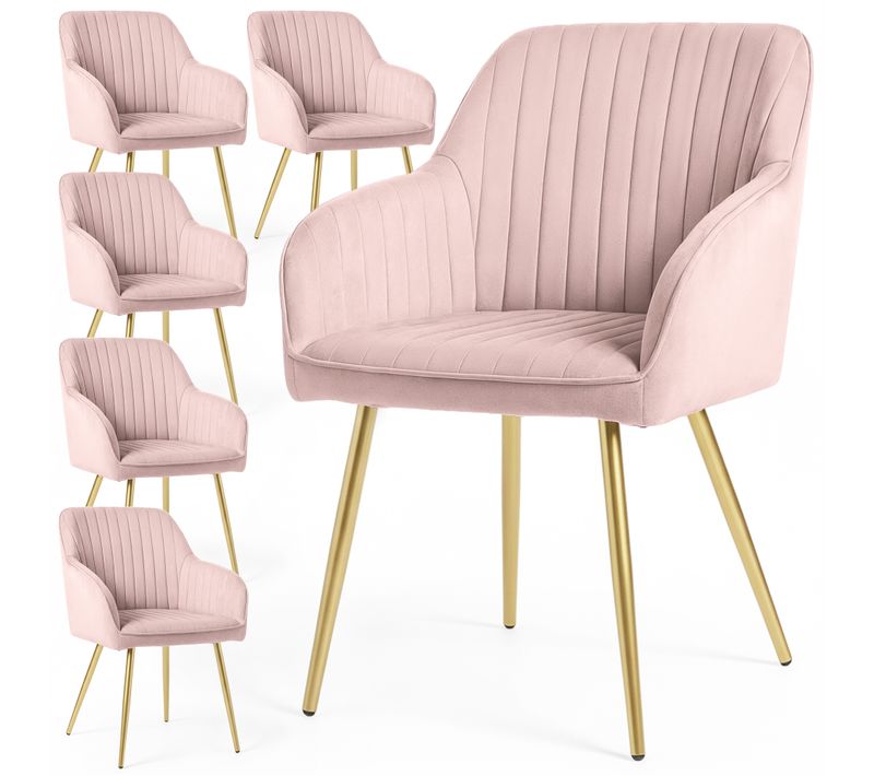 Lot De 6 Chaises En Velours À Surpiqûres Florence Rose Poudré Pieds Dorés
