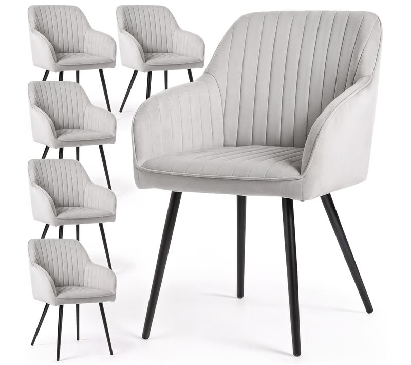 Lot De 6 Chaises En Velours À Surpiqûres Florence Gris Pieds Noirs