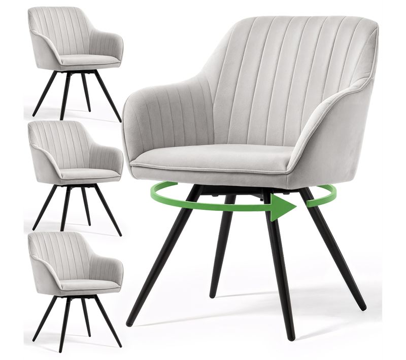 Lot De 4 Chaises Pivotantes En Velours À Surpiqûres Turno Gris Pieds Noirs