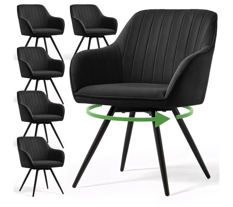 Lot De 6 Chaises Pivotantes En Velours À Surpiqûres Turno Noir Pieds Noirs