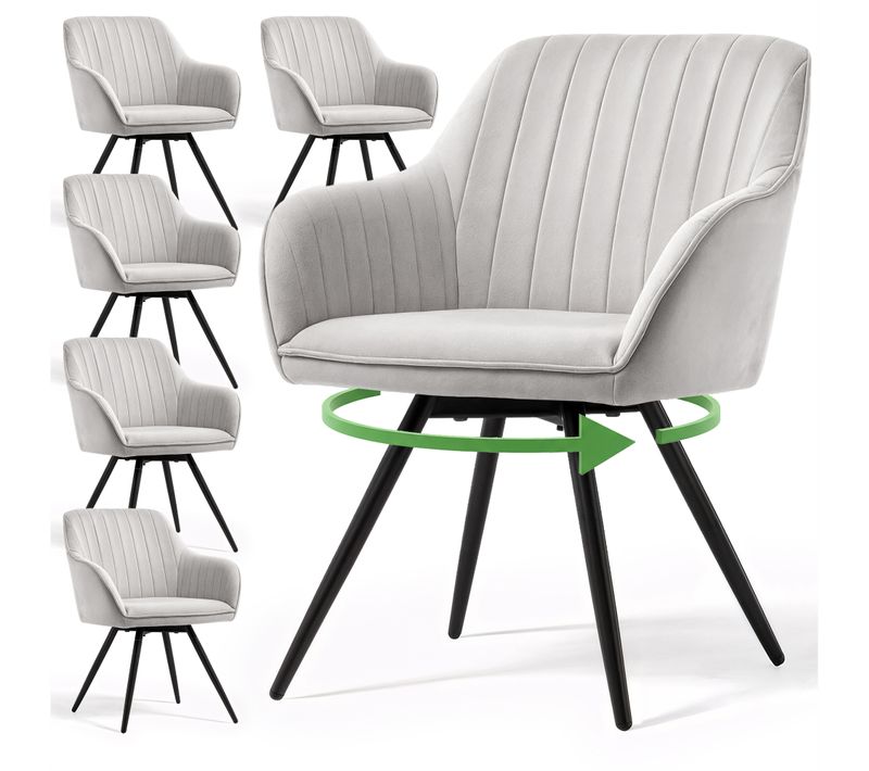 Lot De 6 Chaises Pivotantes En Velours À Surpiqûres Turno Gris Pieds Noirs