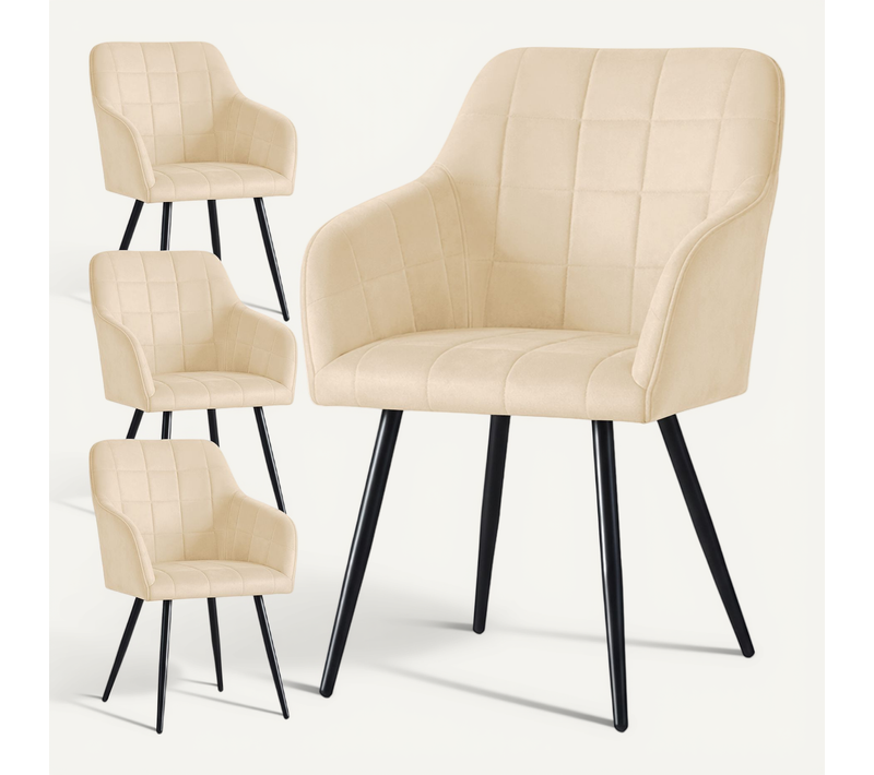 Lot De 4 Chaises Rembourrées à Surpiqûres Carrées Luxano Beige Pieds Noirs